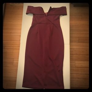 Off the shoulder knee length burgundy dress